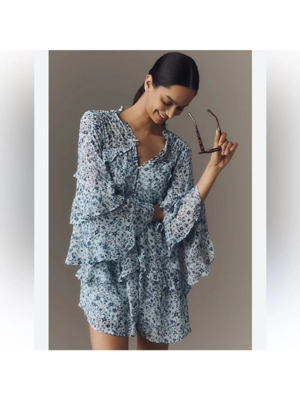 Anthropologie Ruffle Swing Floral Romper Tiered Mini Size LARGE